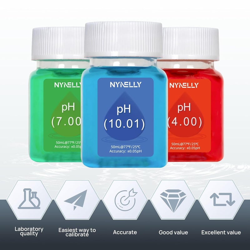 Nynelly طقم محلول معايرة مقياس الحموضة – 4.00 7.00 10.01، كل 50 مل و 30 مل محلول تخزين قطب KCL لمقاييس الحموضة، سهل المعايرة - Image 2